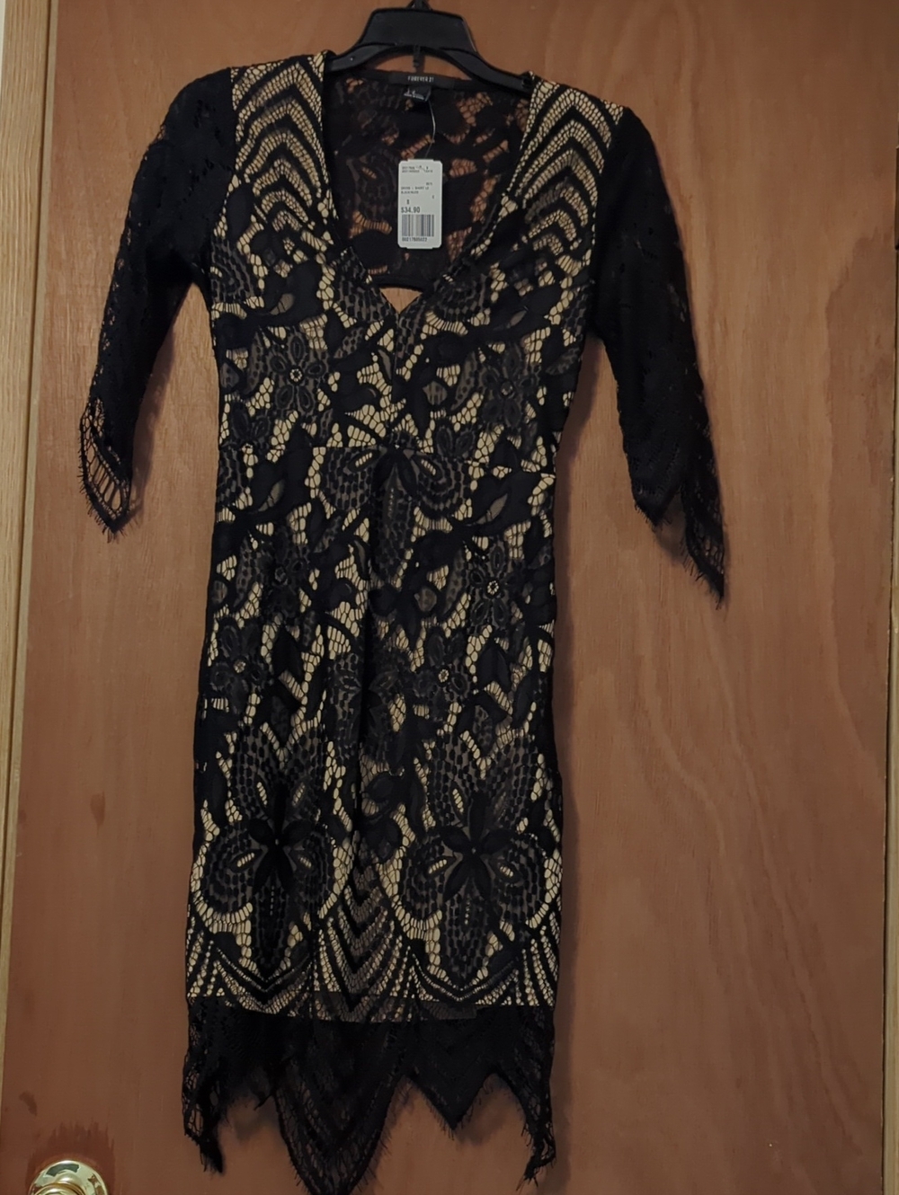 Black Lace Overlay Long-Sleeve Dress with Gold Lining